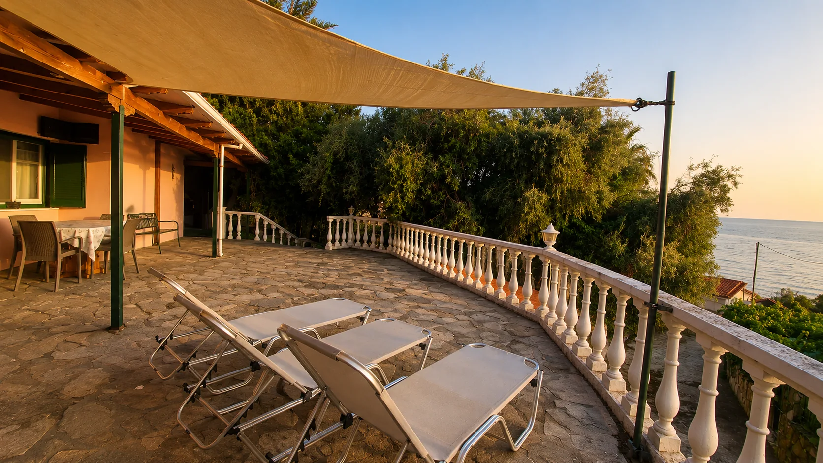 Private terrace with sun loungers and sea view at La Terrazza, Villa Vanda in Lygia, Preveza