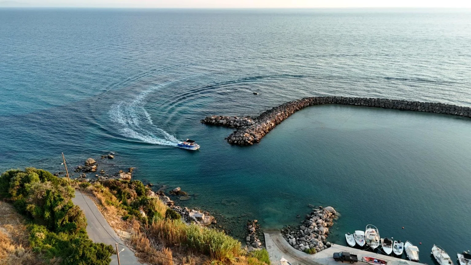 Aerial view of the small harbour and Ionian Sea near Villa Vanda in Lygia, Preveza